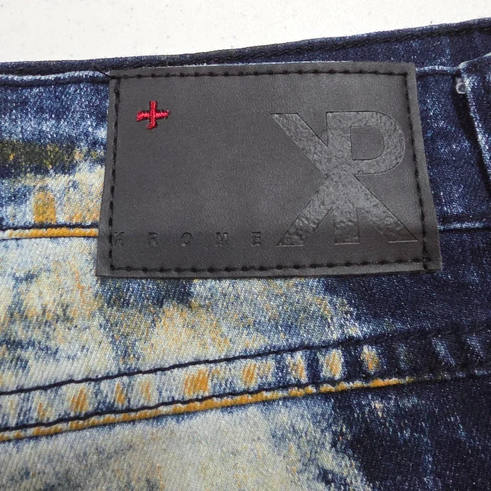 Krome New York Mens 42x32 Moto Biker Jean Acid Wash Distressed Blue Yellow Splat